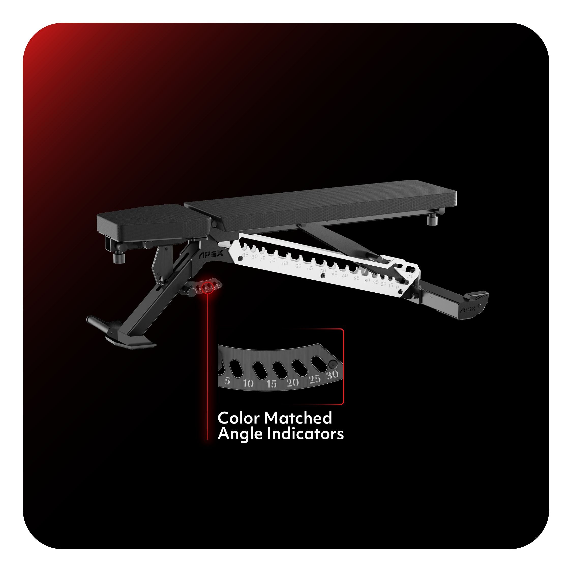 APEX Adjustable Bench in White with color matched angle indicators.