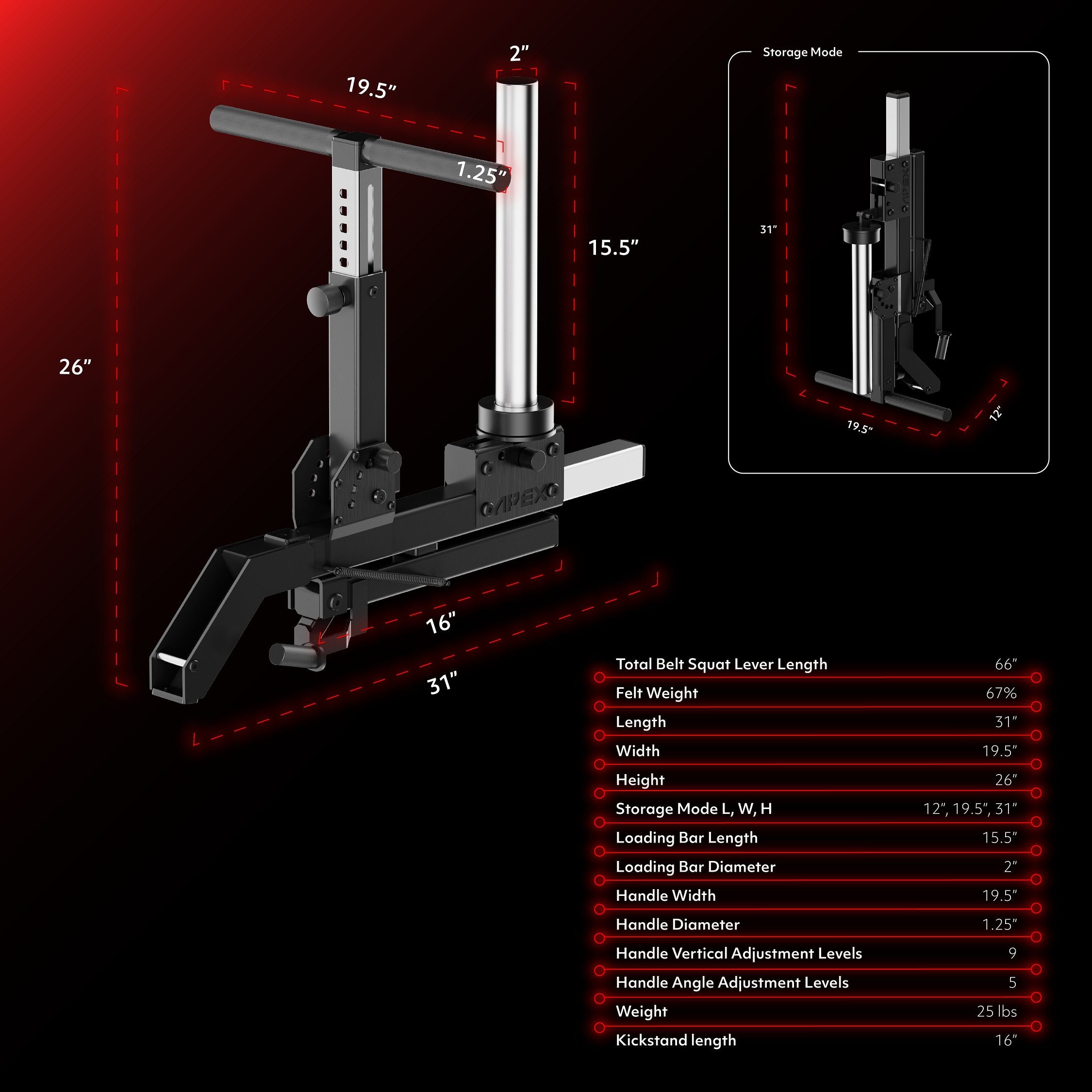 APEX Barrett Belt Squat dimensions and specifications chart.
