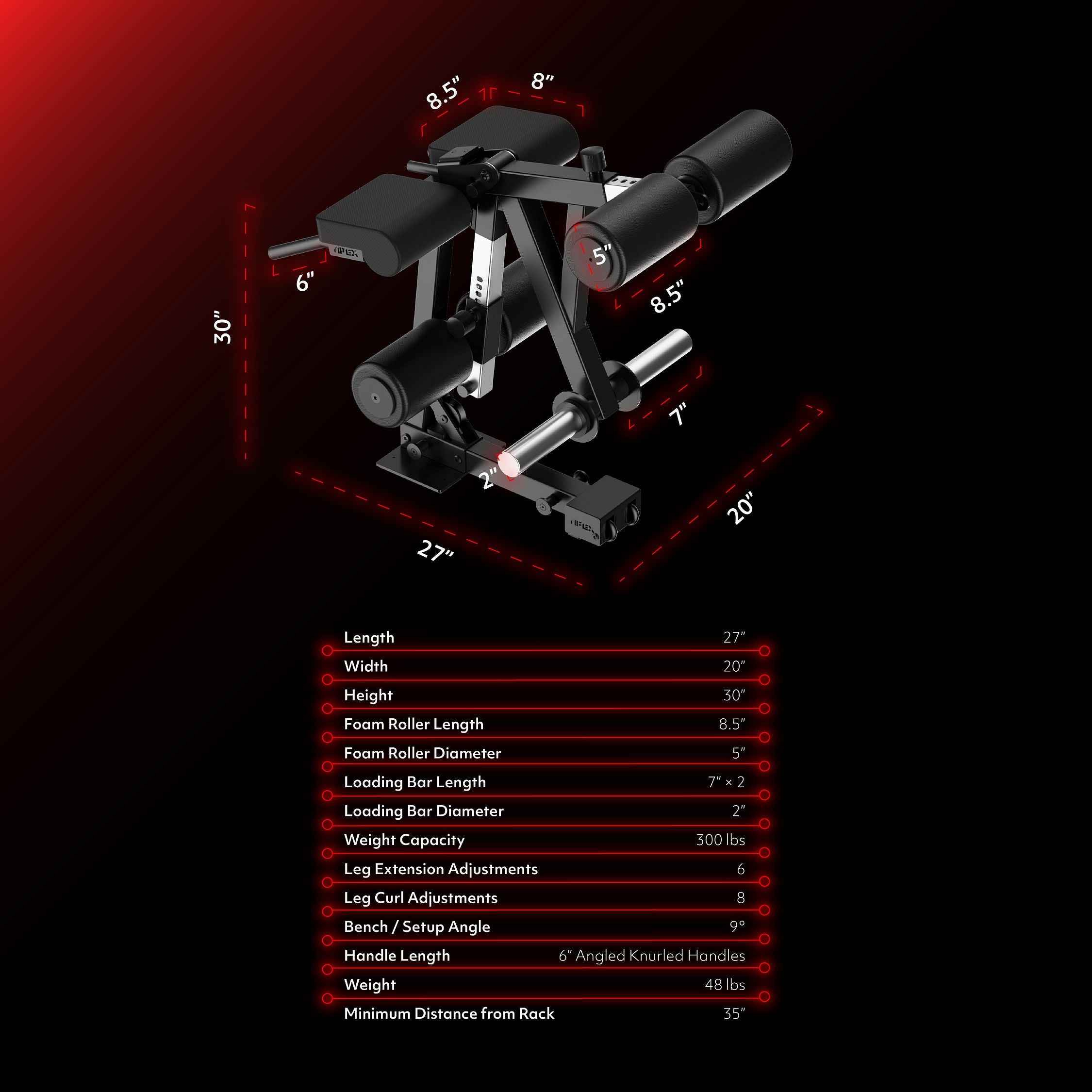 APEX Leg Extension Machine specs and dimensions chart.