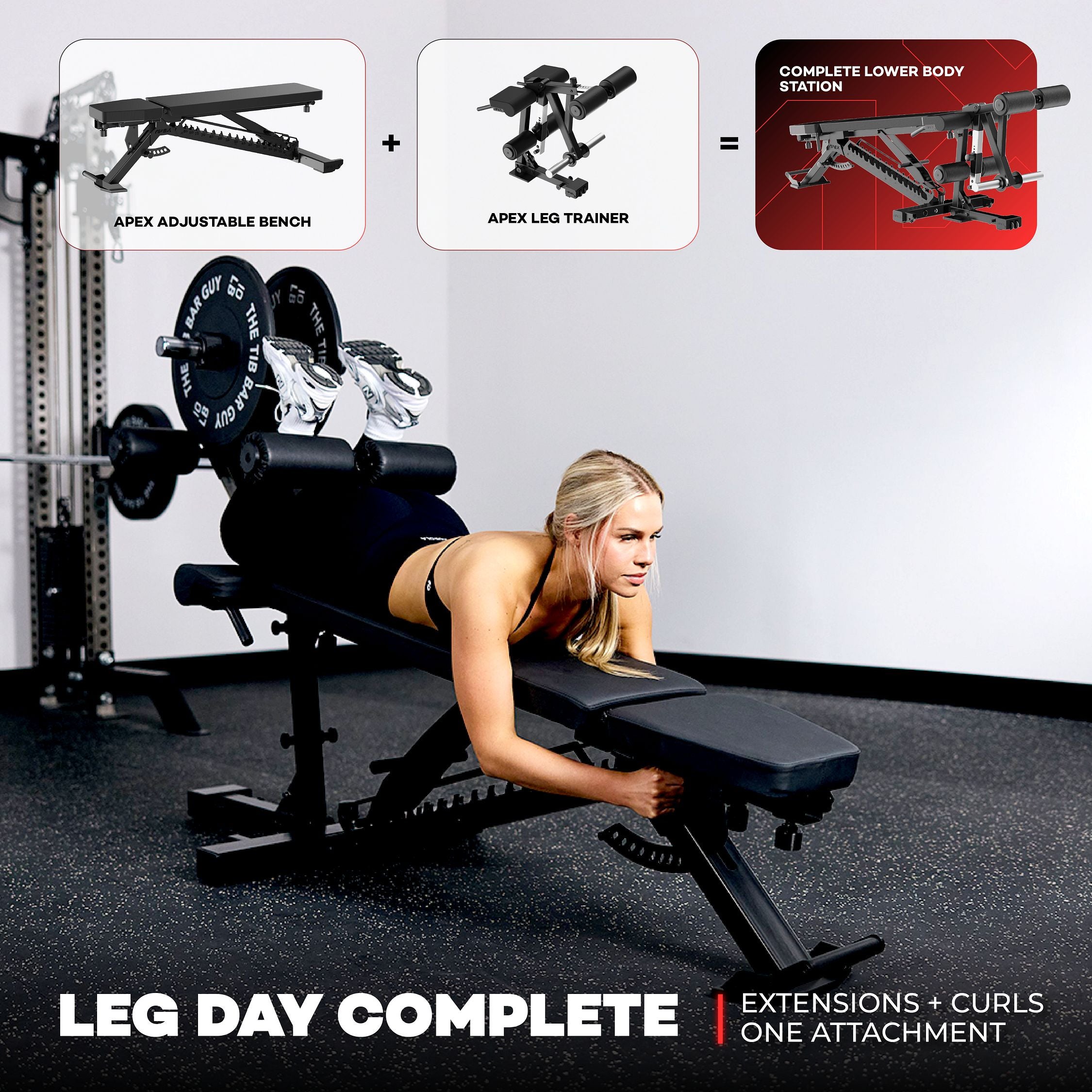 APEX Leg Extension Machine w/ Cable System leg curl on APEX Adjustable Bench.