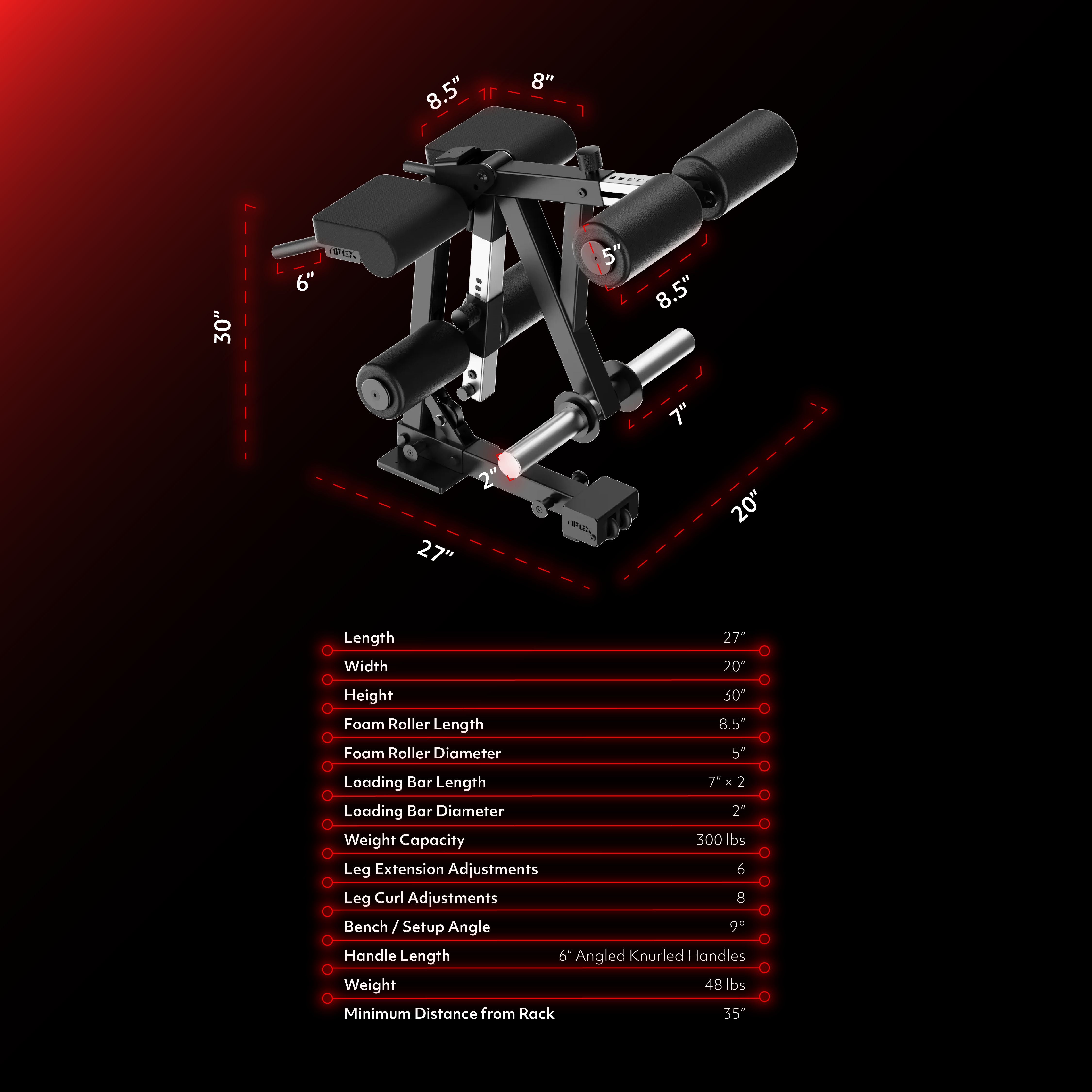 APEX Leg Extension Machine w/ Cable System dimensions and specifications chart.