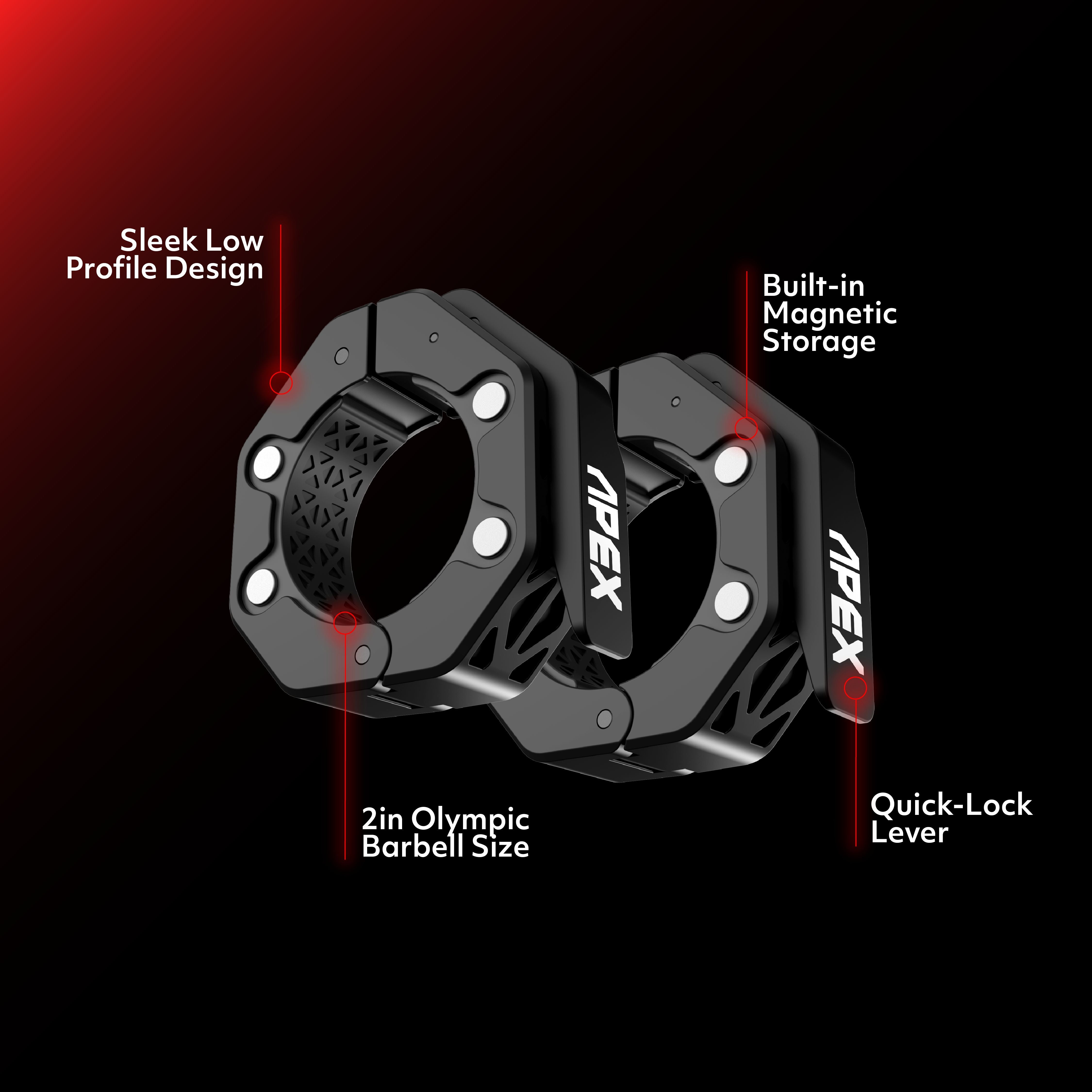 APEX Weight Clamps with quick-lock lever, magnetic storage, and Olympic barbell sizing.