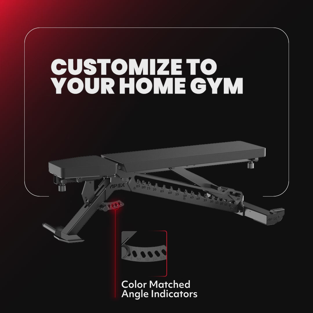 APEX Adjustable Bench with color matched angle indicators, customizable for your home gym.